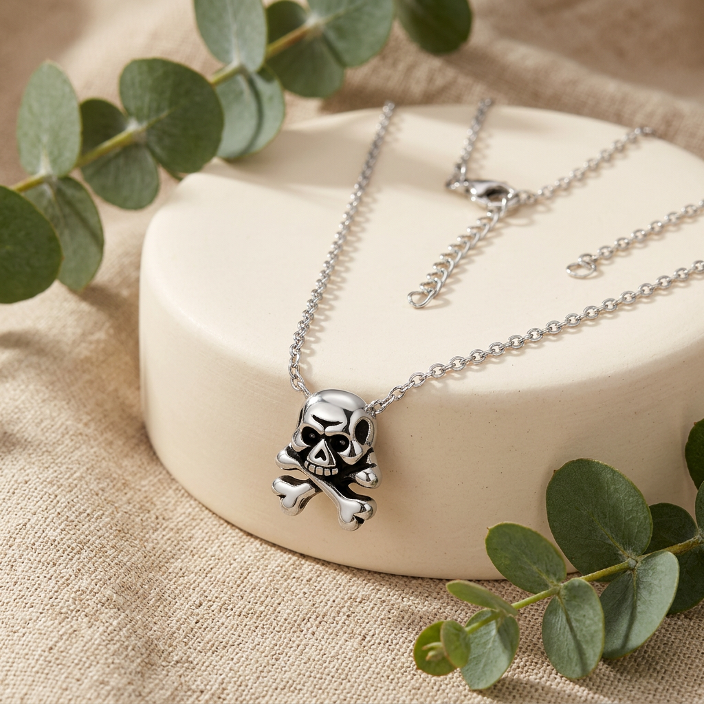 Sterling Silver Skull and Crossbones Pendant Necklace for Women, 16.5 to 17.5 inch life2
