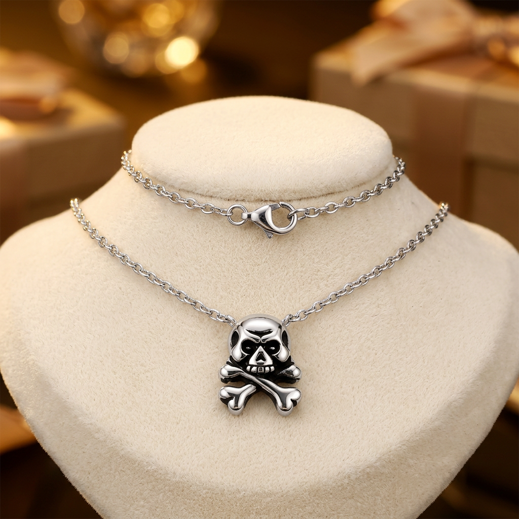 Sterling Silver Skull and Crossbones Pendant Necklace for Women, 16.5 to 17.5 inch life3
