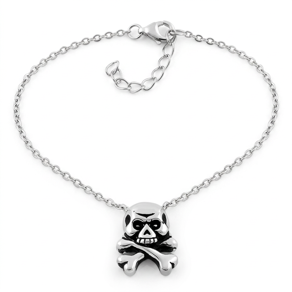 Sterling Silver Skull and Crossbones Pendant Necklace for Women, 16.5 to 17.5 inch