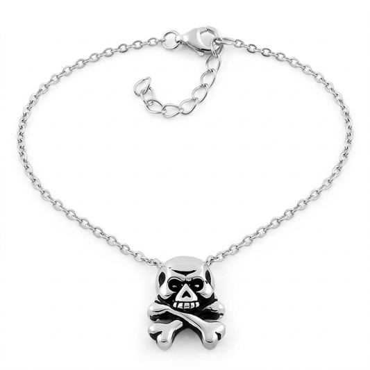 Sterling Silver Skull and Crossbones Pendant Necklace for Women, 16.5 to 17.5 inch