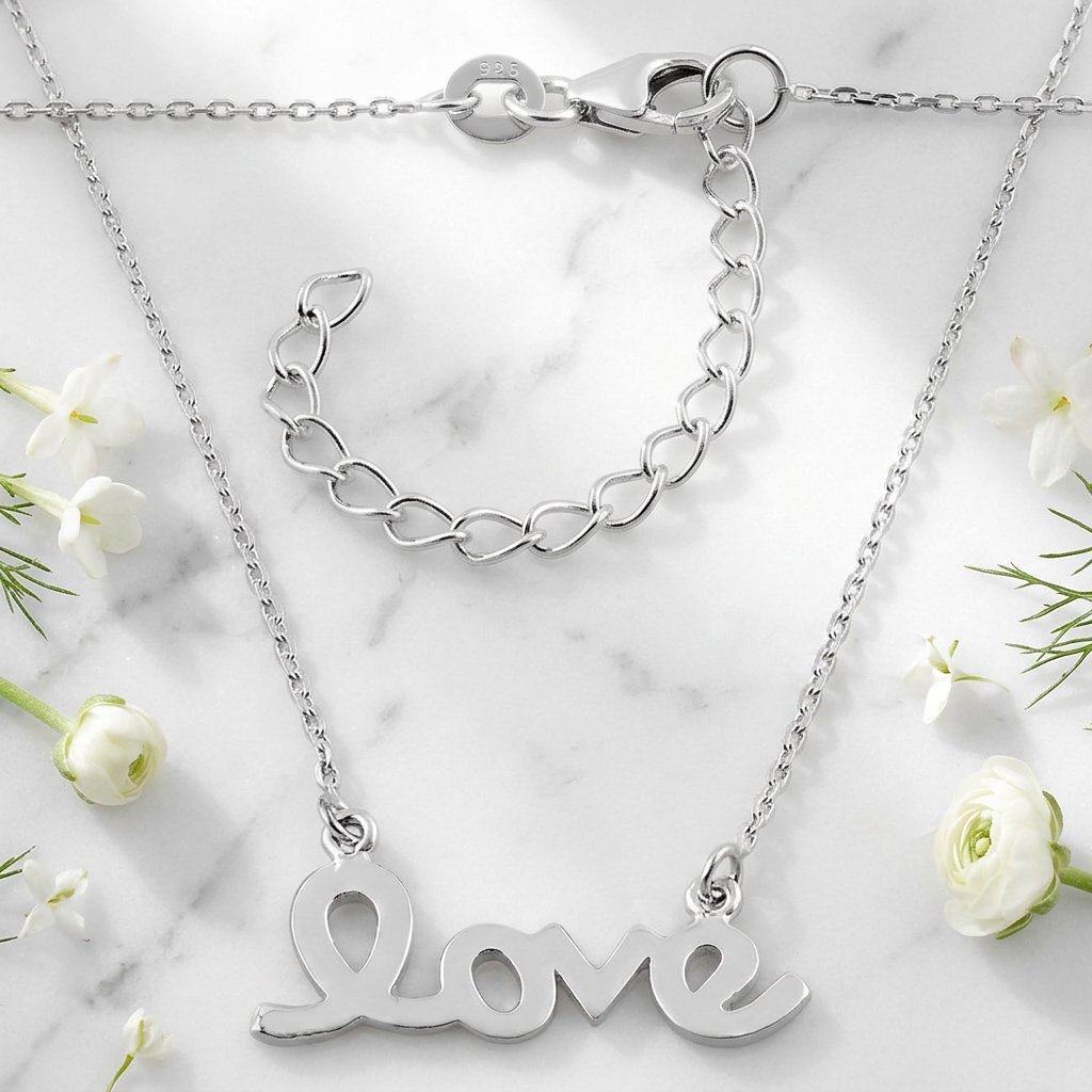 Sterling Silver Love Script Pendant Necklace for Women, 18 to 20 inch Adjustable life1