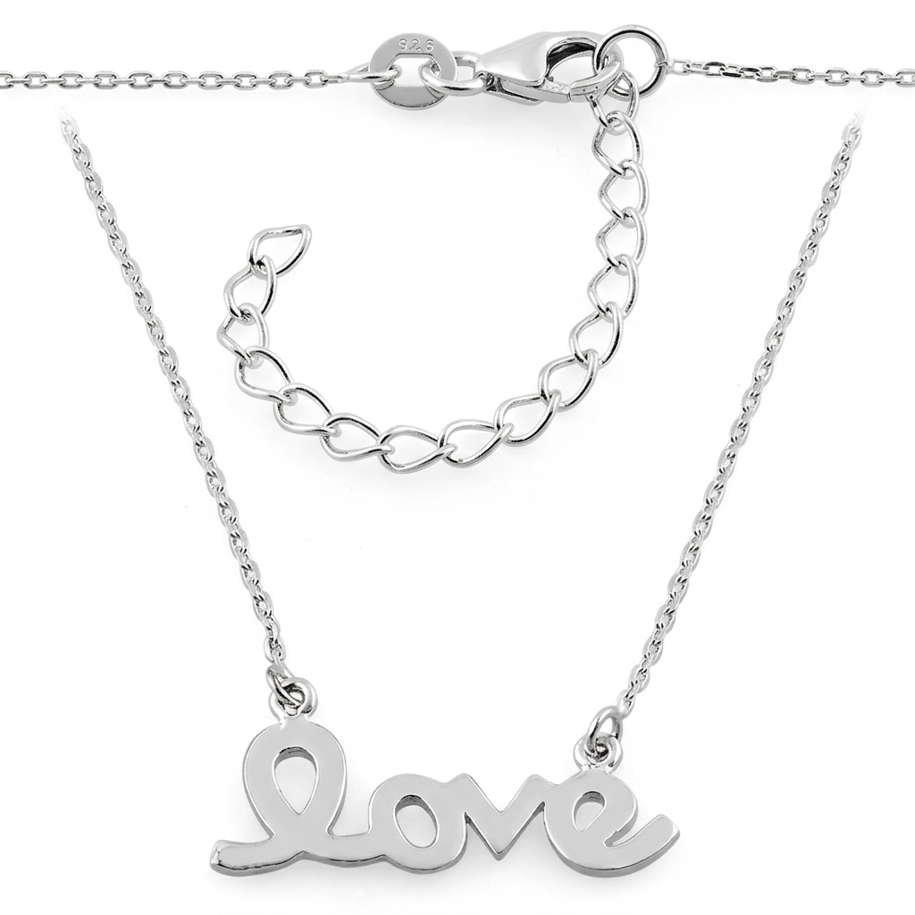 Sterling Silver Love Script Pendant Necklace for Women, 18 to 20 inch Adjustable