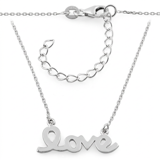 Sterling Silver Love Script Pendant Necklace for Women, 18 to 20 inch Adjustable
