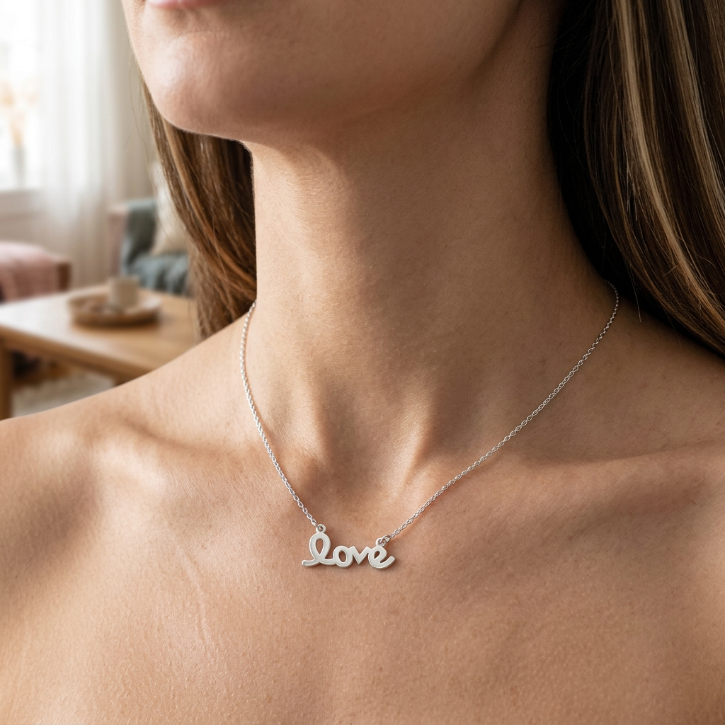 Sterling Silver Love Script Pendant Necklace for Women, 18 to 20 inch Adjustable model
