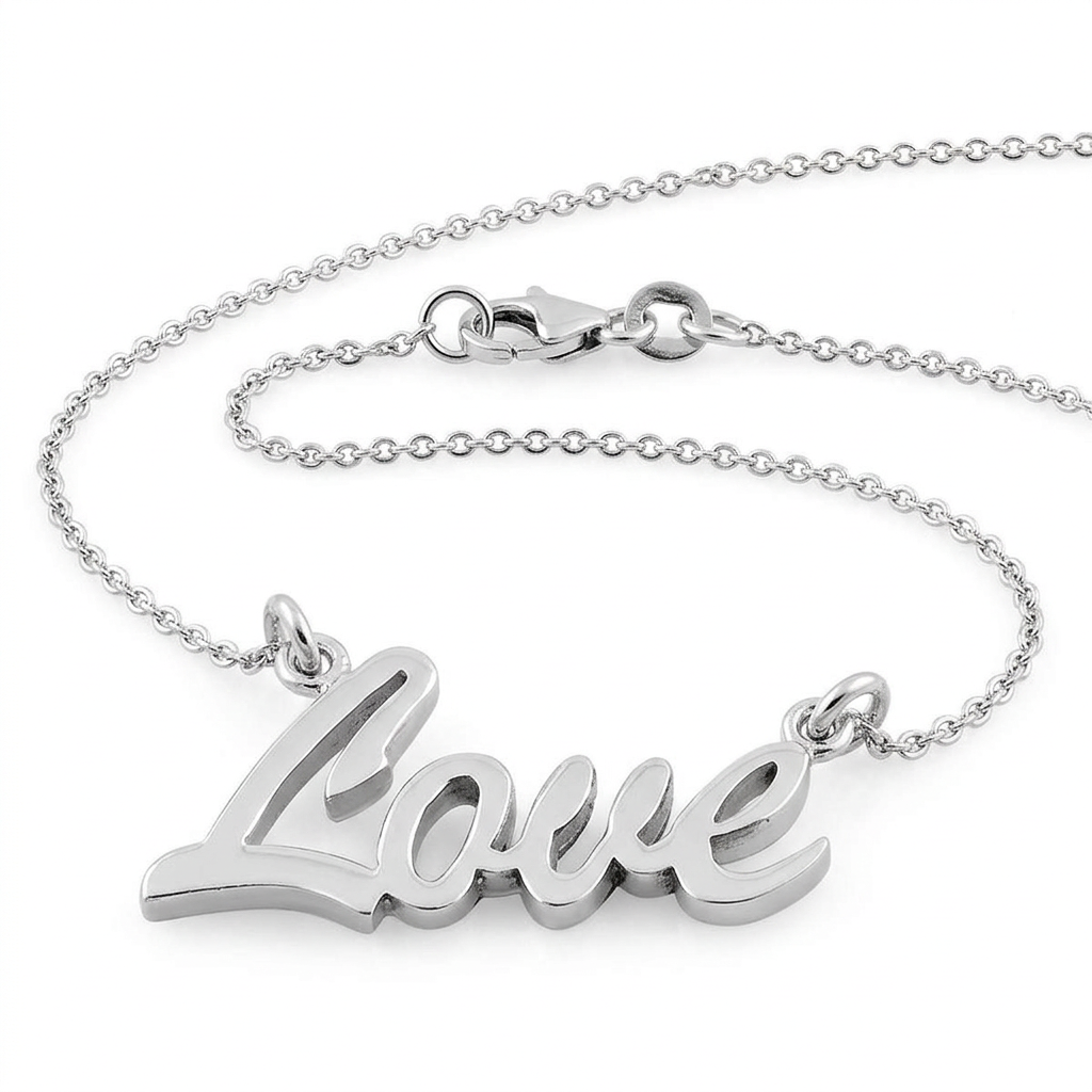 Sterling Silver Love Script Pendant Necklace for Women, 18 inch