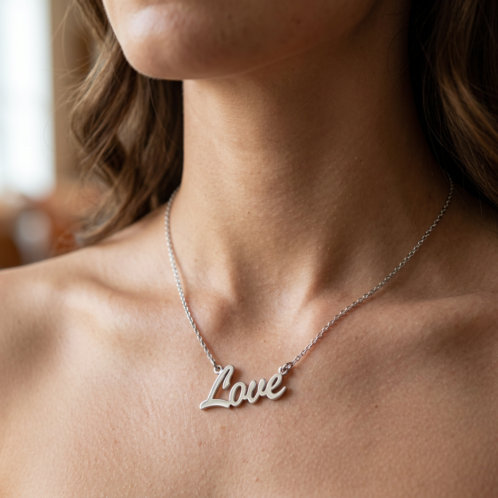 Sterling Silver Love Script Pendant Necklace for Women, 18 inch model