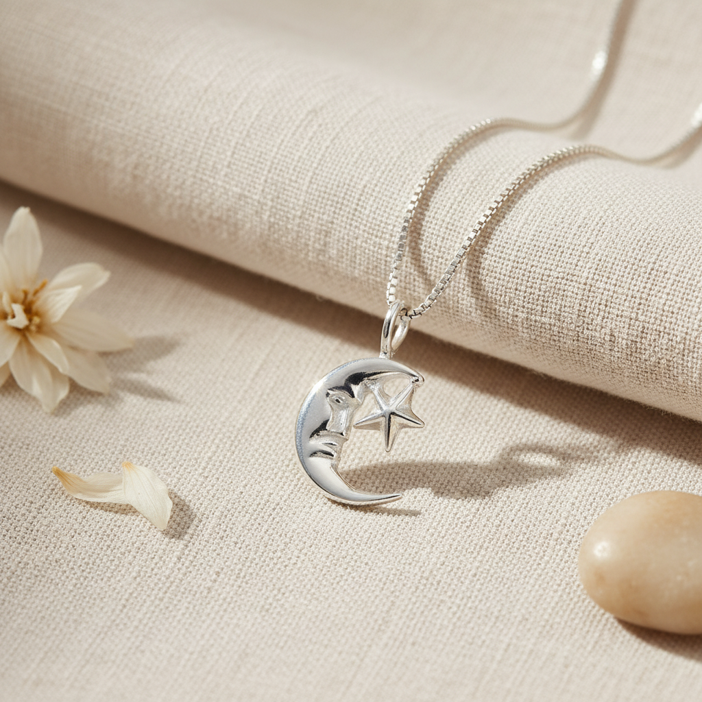Sterling Silver Sterling Silver Crescent Moon & Star Necklace | — scale reference