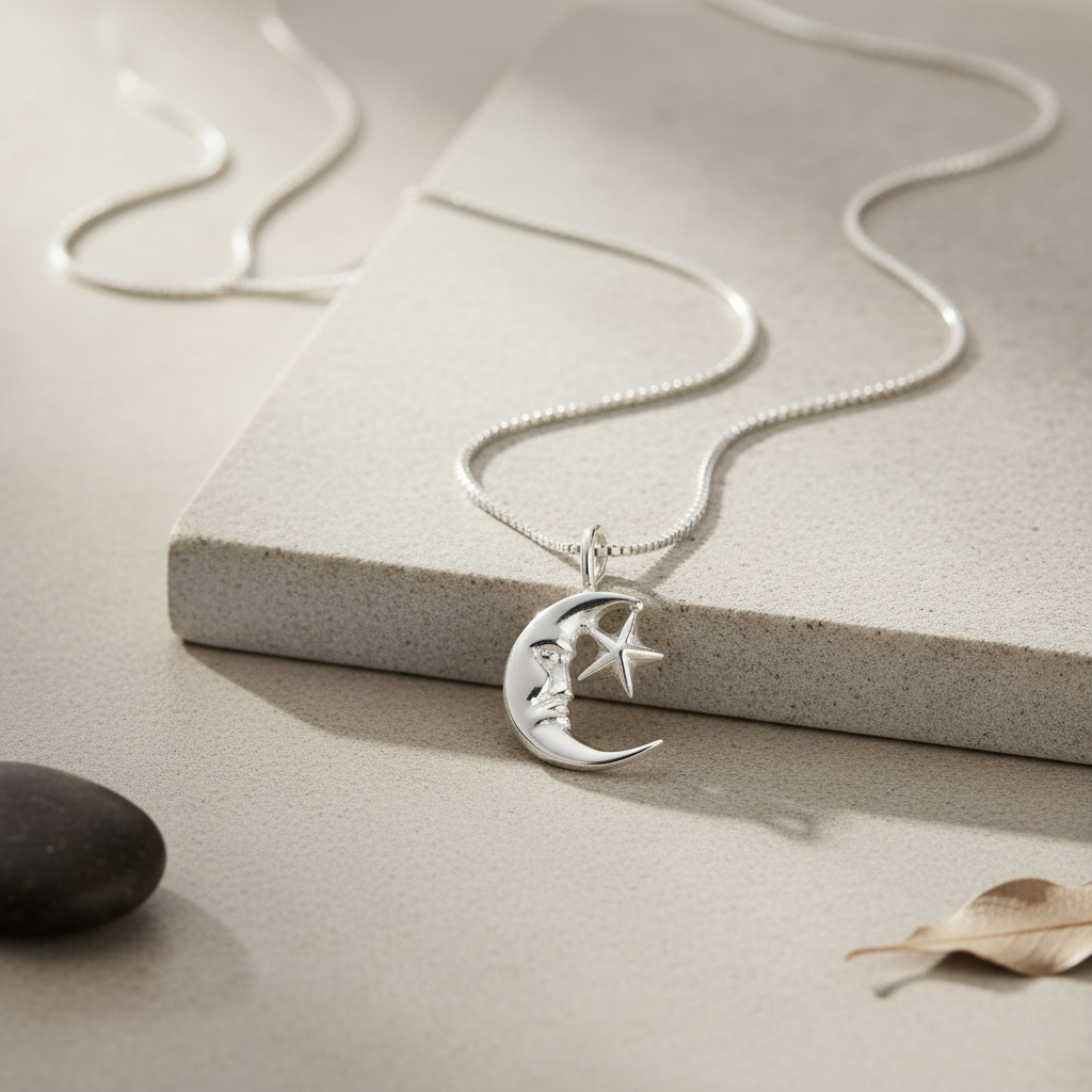 Sterling Silver Sterling Silver Crescent Moon & Star Necklace | — view 5