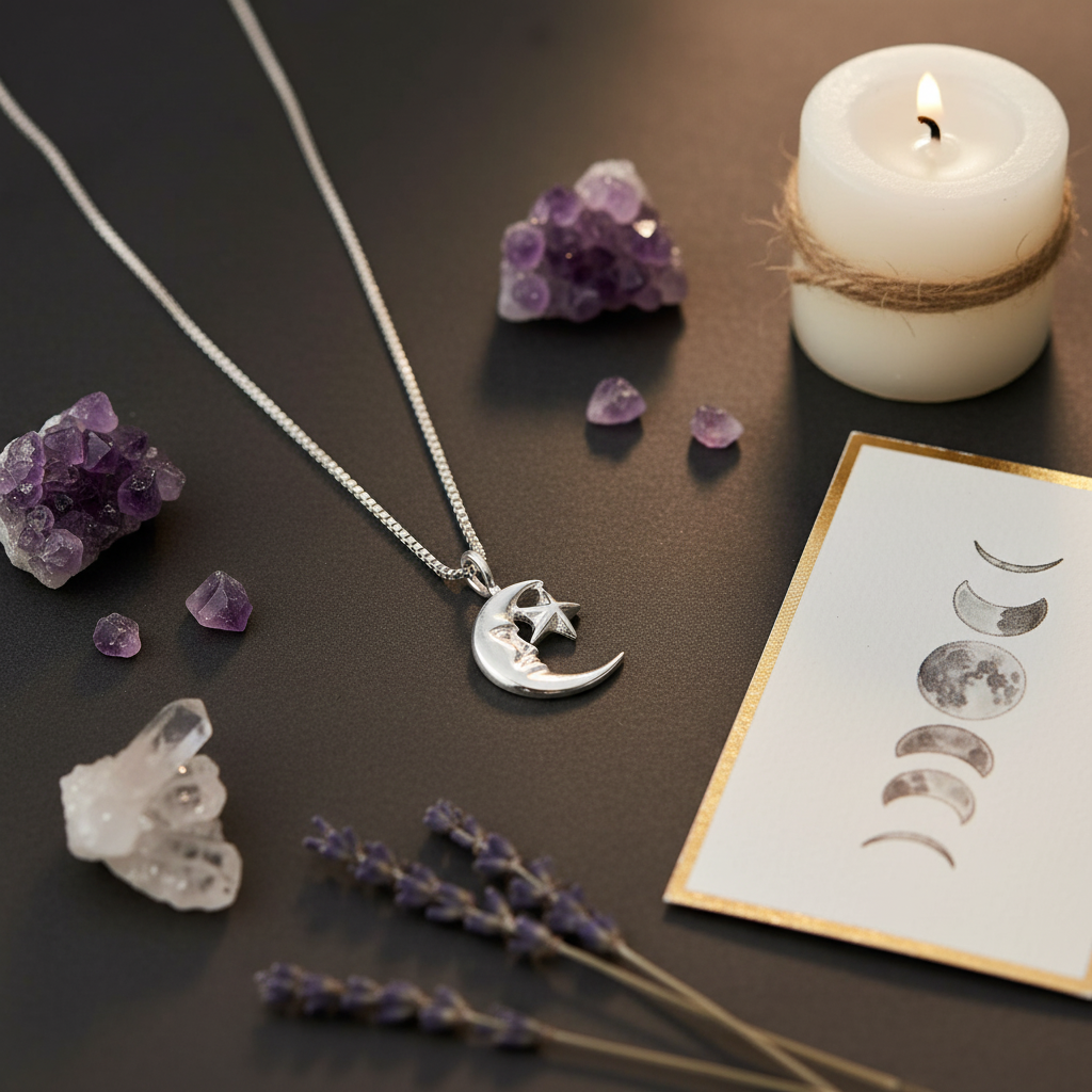 Sterling Silver Sterling Silver Crescent Moon & Star Necklace | — view 6
