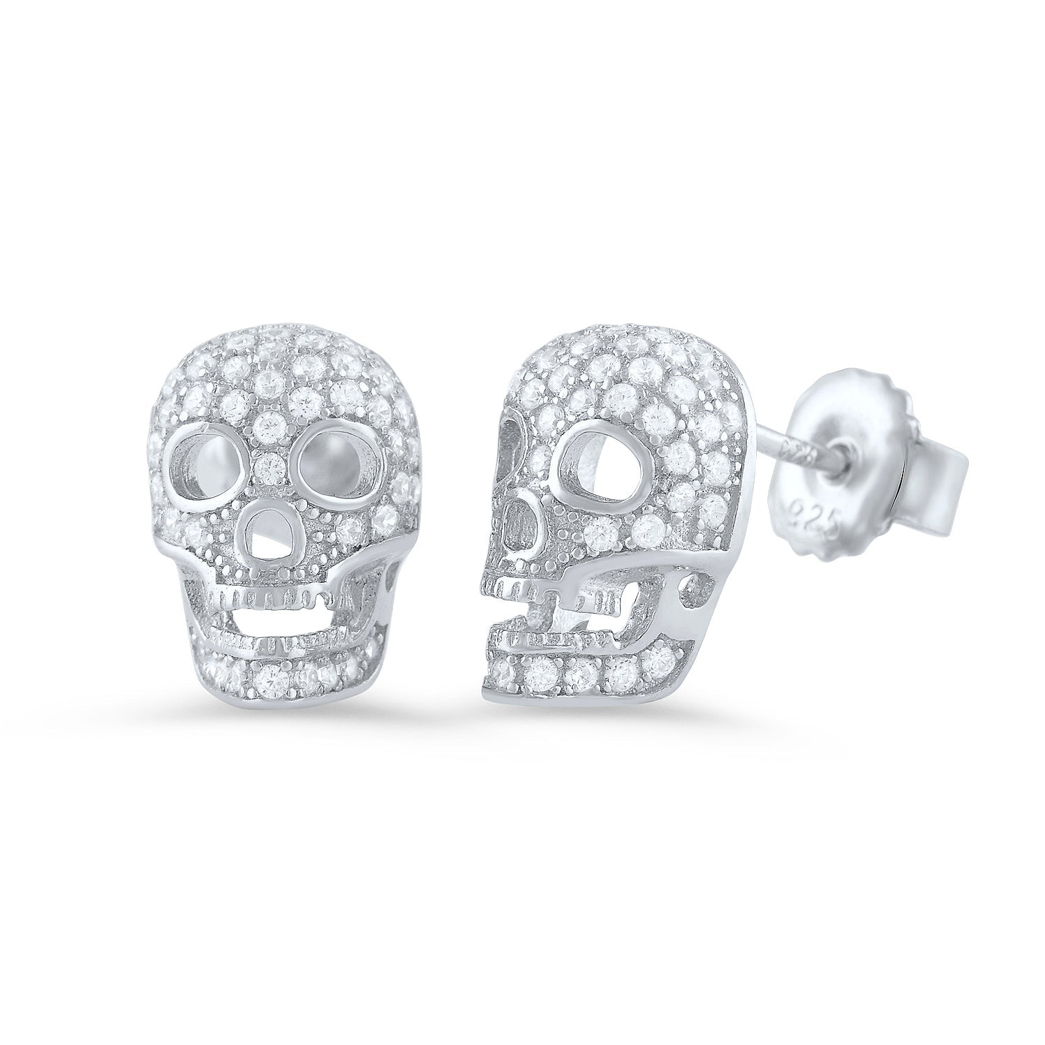 White Gold Over Sterling Silver CZ Sugar Skull Stud Earrings