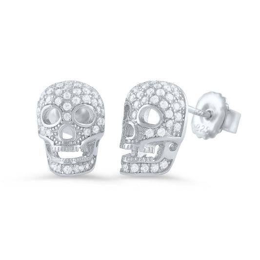 White Gold Over Sterling Silver CZ Sugar Skull Stud Earrings
