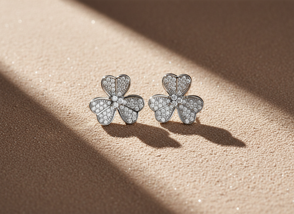 Rhodium Plated Sterling Silver Womens Cz Clover Heart Flower Stud Earrings