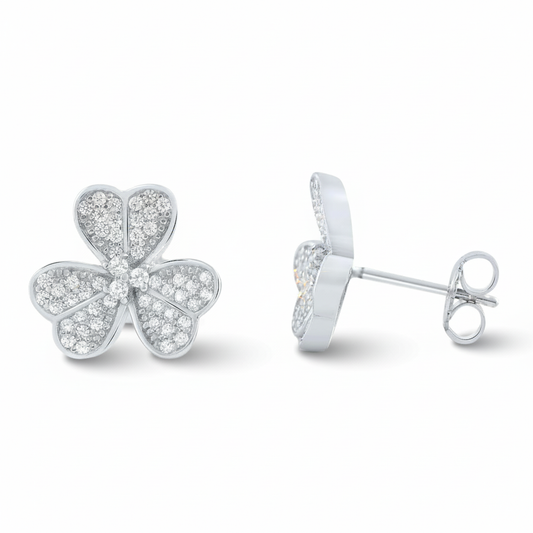 Rhodium-Plated Sterling Silver Women's CZ Clover Heart Flower Stud Earrings