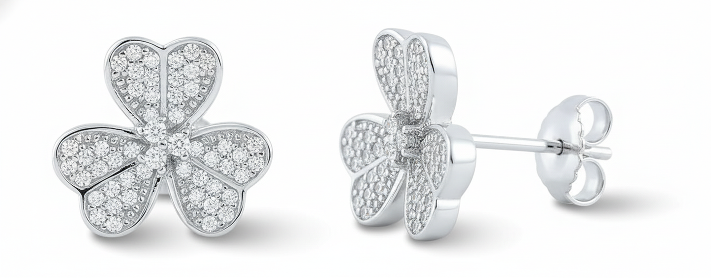 Rhodium-Plated Sterling Silver Women's CZ Clover Heart Flower Stud Earrings