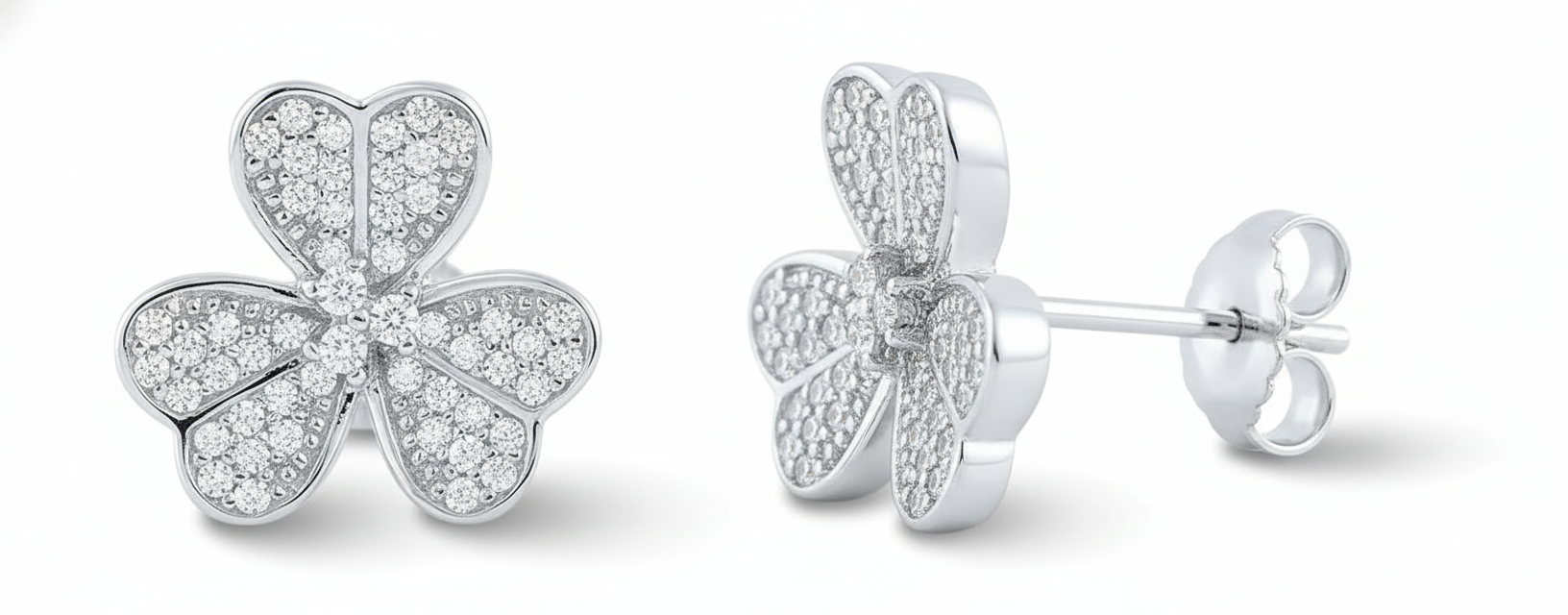 Rhodium-Plated Sterling Silver Women's CZ Clover Heart Flower Stud Earrings