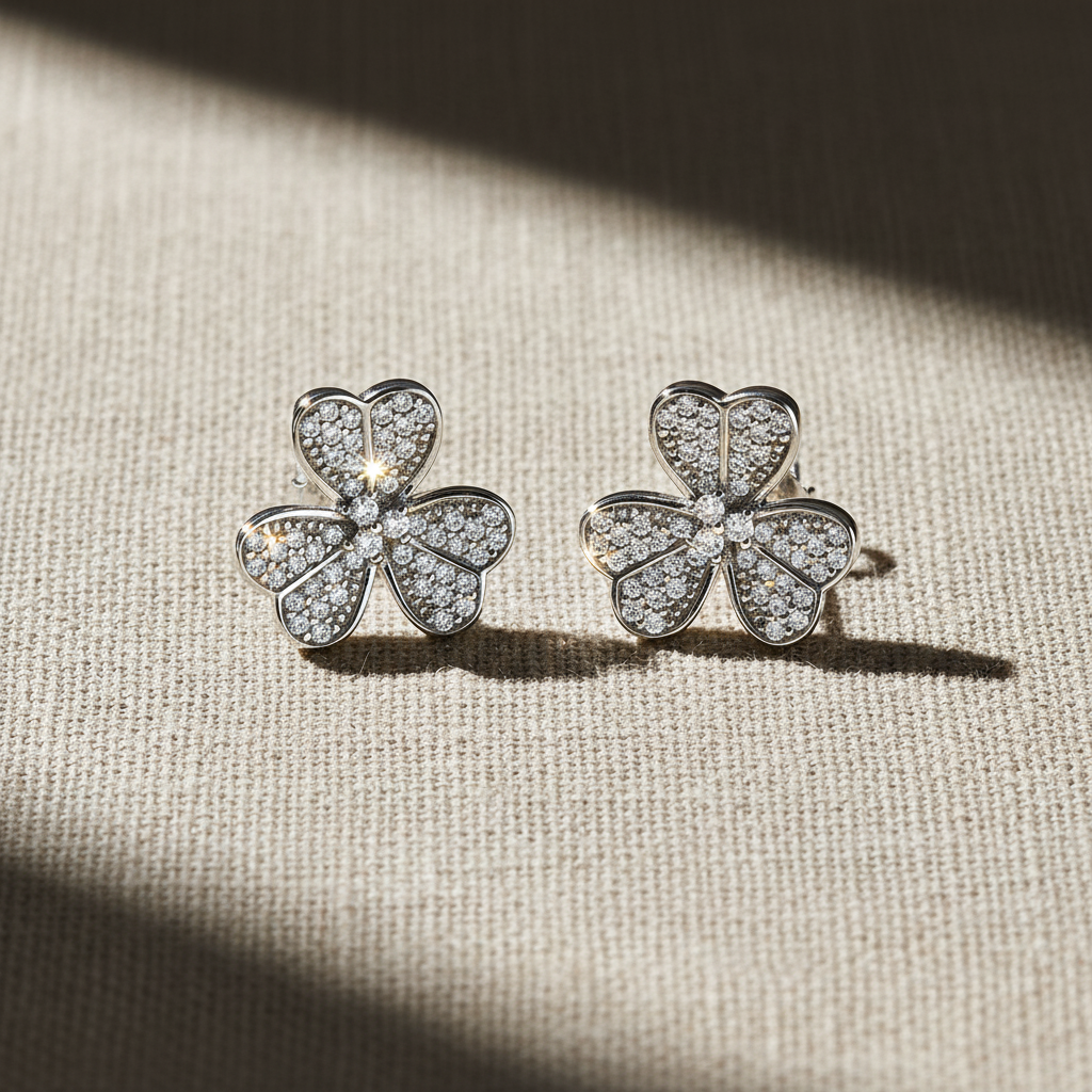 Rhodium-Plated Sterling Silver Women's CZ Clover Heart Flower Stud Earrings