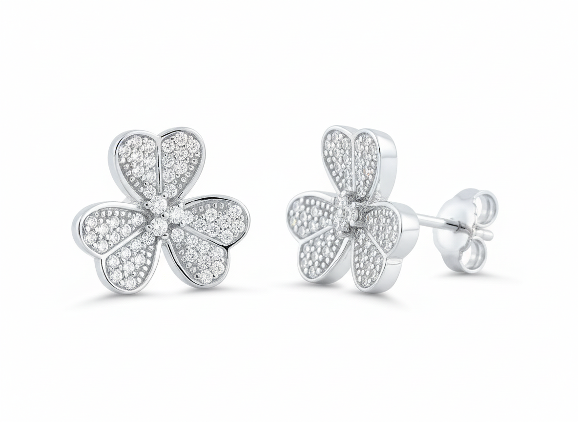 Rhodium Plated Sterling Silver Womens Cz Clover Heart Flower Stud Earrings