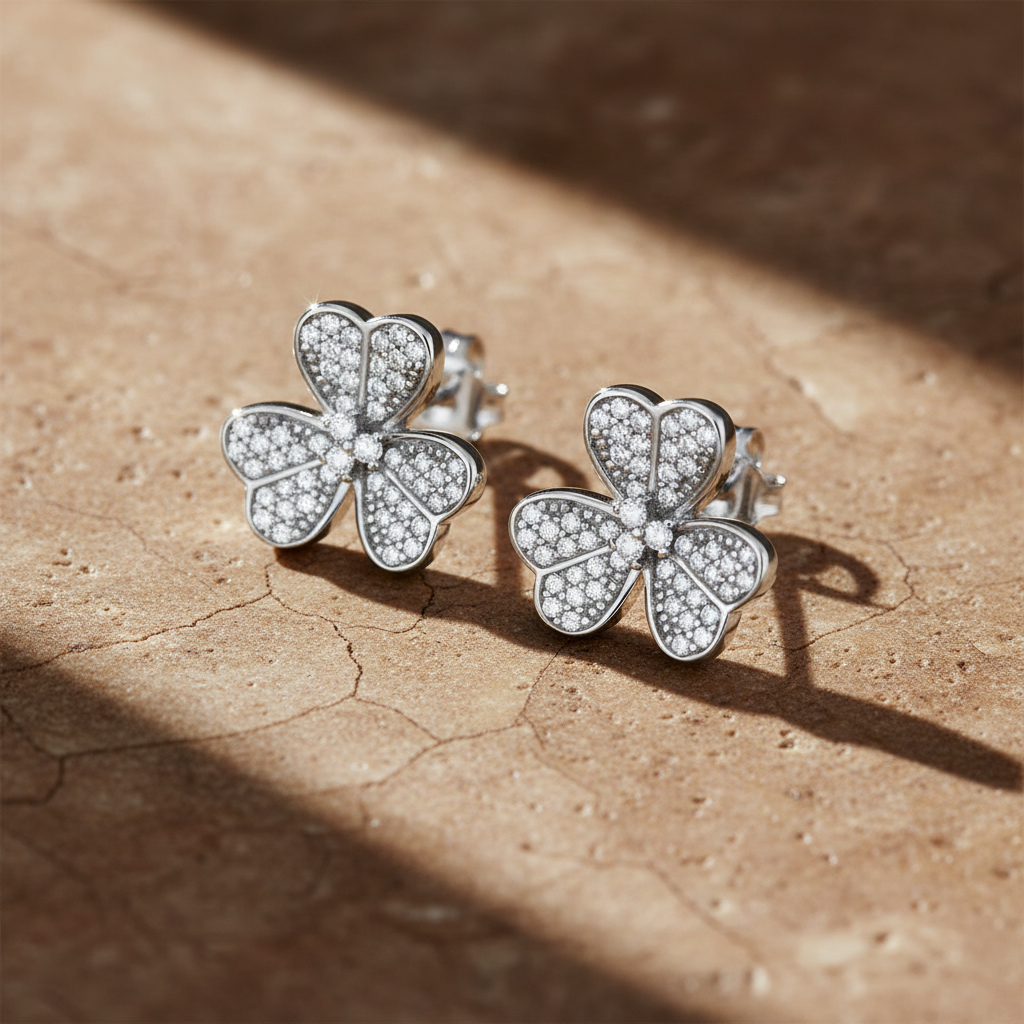 Rhodium-Plated Sterling Silver Women's CZ Clover Heart Flower Stud Earrings