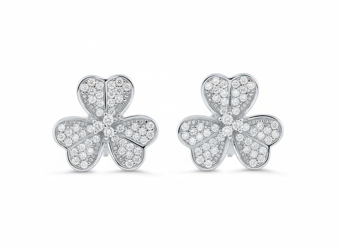 Rhodium Plated Sterling Silver Womens Cz Clover Heart Flower Stud Earrings