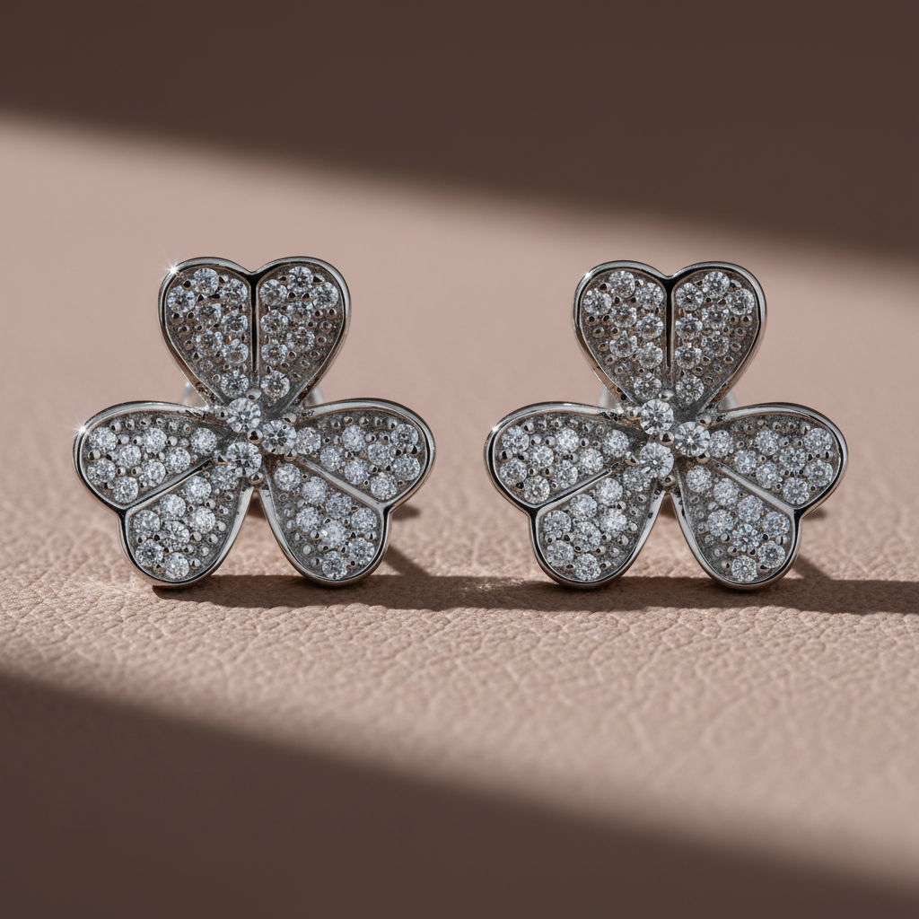 Rhodium-Plated Sterling Silver Women's CZ Clover Heart Flower Stud Earrings
