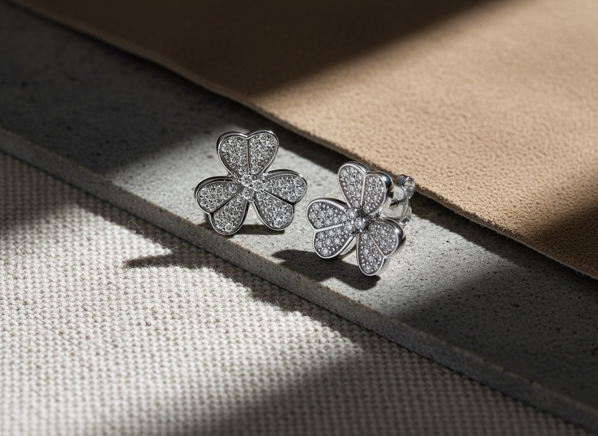 Rhodium Plated Sterling Silver Womens Cz Clover Heart Flower Stud Earrings