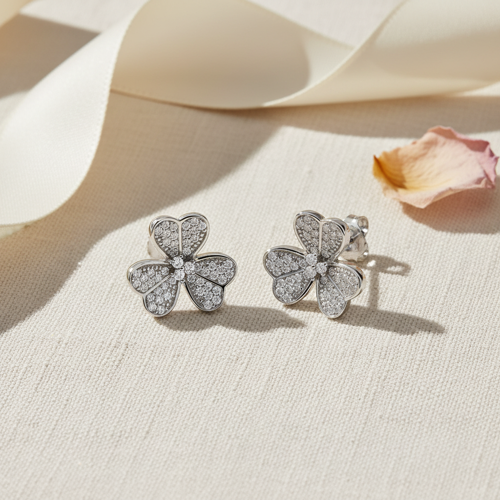 Rhodium-Plated Sterling Silver Women's CZ Clover Heart Flower Stud Earrings