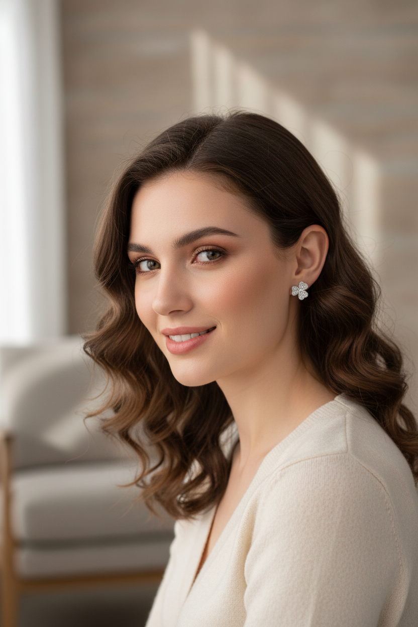 Rhodium-Plated Sterling Silver Women's CZ Clover Heart Flower Stud Earrings