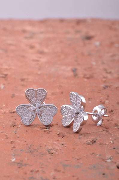 Rhodium Plated Sterling Silver Womens Cz Cubic Zirconia Clover Heart Flower Stud Earrings - Gifts for Mom Wife Girlfriend