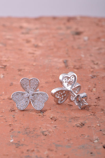 Rhodium Plated Sterling Silver Womens Cz Cubic Zirconia Clover Heart Flower Stud Earrings - Gifts for Mom Wife Girlfriend