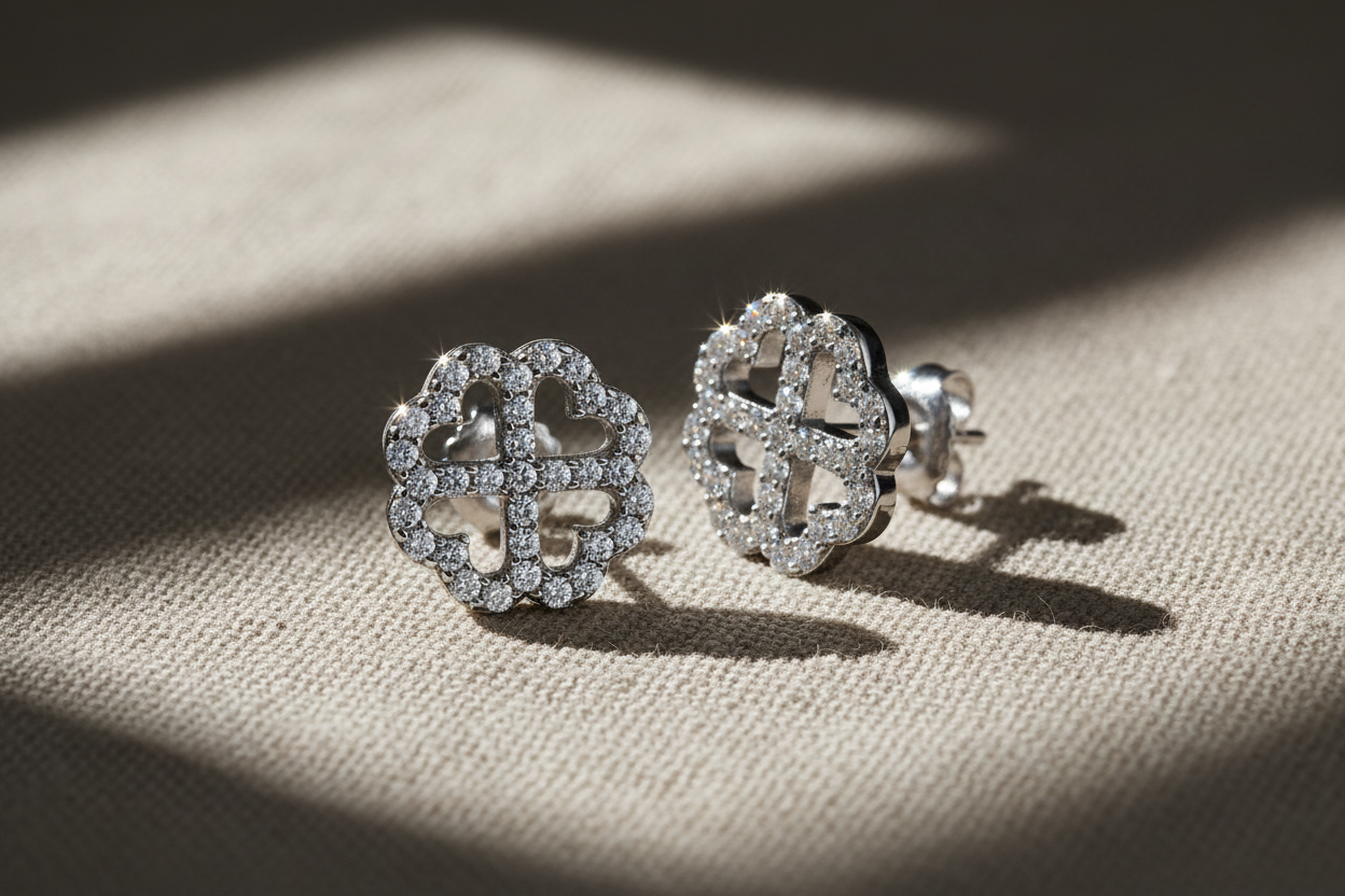 Rhodium Plated Sterling Silver Womens Cz Cubic Zirconia Lucky Clover Heart Flower Stud Earrings - Gifts for Mom Wife Girlfriend