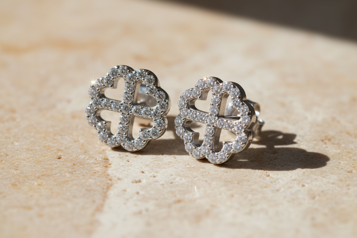 Rhodium Plated Sterling Silver Womens Cz Cubic Zirconia Lucky Clover Heart Flower Stud Earrings - Gifts for Mom Wife Girlfriend