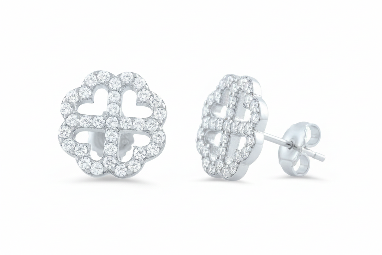 Rhodium Plated Sterling Silver Womens Cz Cubic Zirconia Lucky Clover Heart Flower Stud Earrings - Gifts for Mom Wife Girlfriend