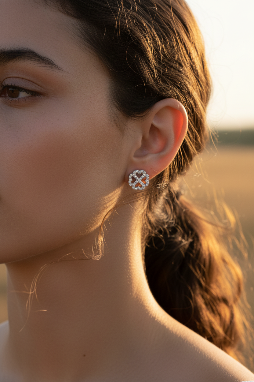 Rhodium Plated Sterling Silver Women's CZ Cubic Zirconia Lucky Clover Heart Flower Stud Earrings - Gifts for Mom Wife Girlfriend