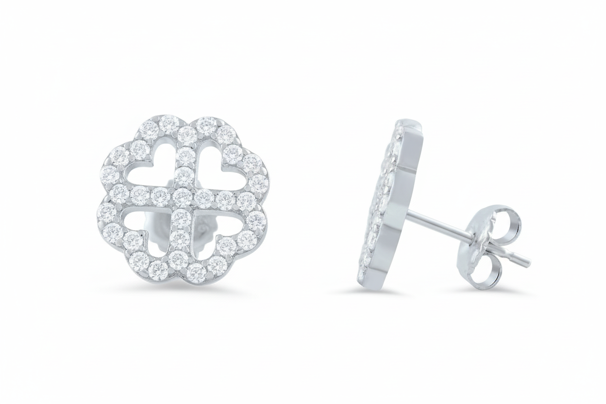 Rhodium Plated Sterling Silver Womens Cz Cubic Zirconia Lucky Clover Heart Flower Stud Earrings - Gifts for Mom Wife Girlfriend