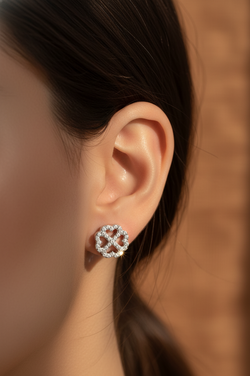 Rhodium Plated Sterling Silver Women's CZ Cubic Zirconia Lucky Clover Heart Flower Stud Earrings - Gifts for Mom Wife Girlfriend