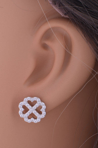 Rhodium Plated Sterling Silver Womens Cz Cubic Zirconia Lucky Clover Heart Flower Stud Earrings - Gifts for Mom Wife Girlfriend