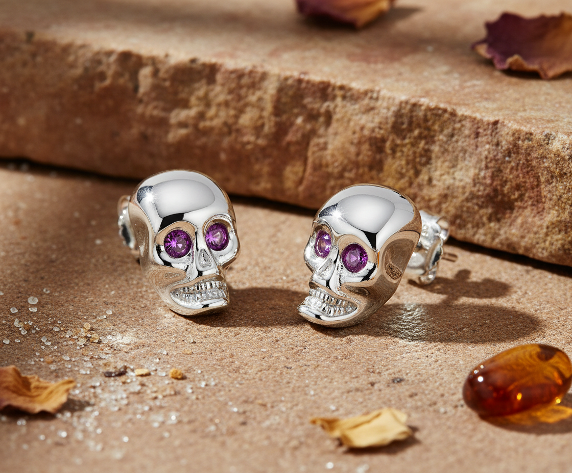 Rhodium Plated Sterling Silver Womens Red Cubic Zirconia Alien Skull Womens Stud Earrings - Gifts for Mom Wife Girlfriend