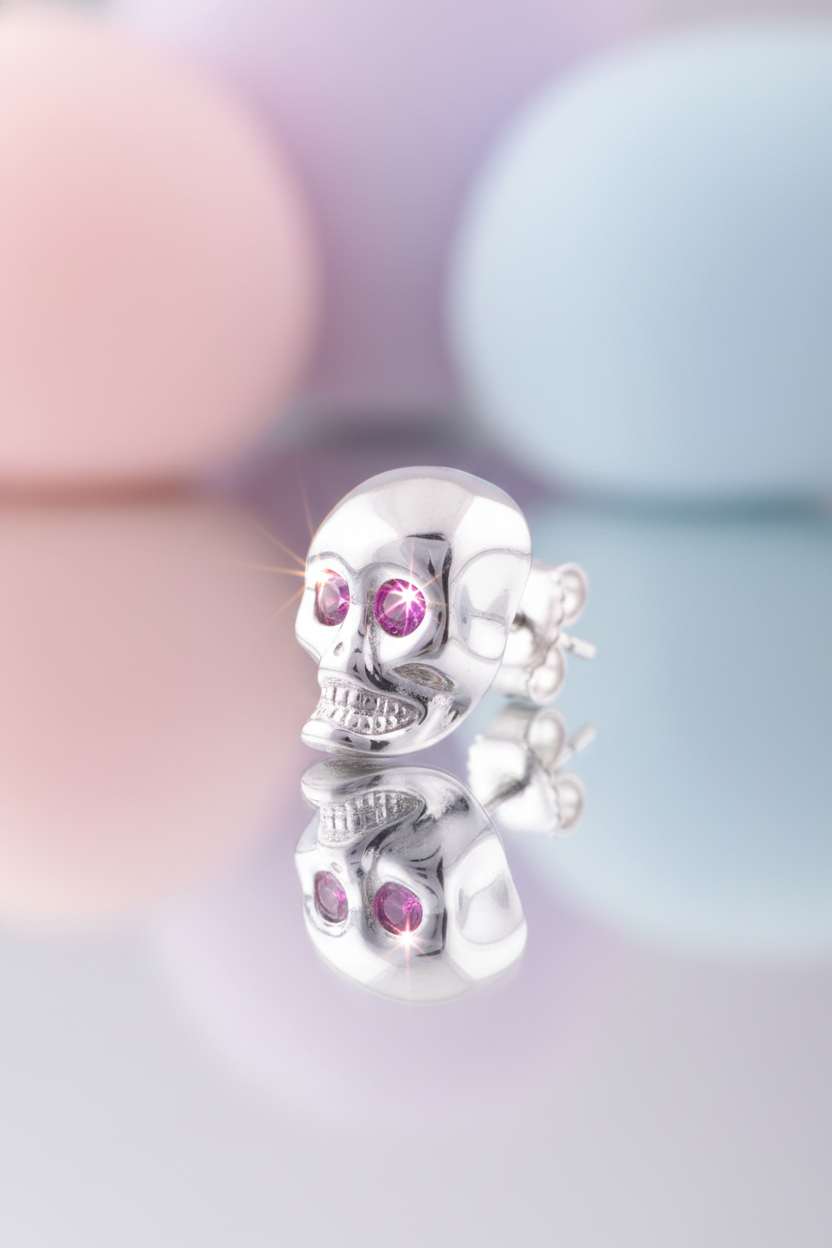 Rhodium Plated Sterling Silver Women's Red Cubic Zirconia Alien Skull Women's Stud Earrings - Gifts for Mom Wife Girlfriend