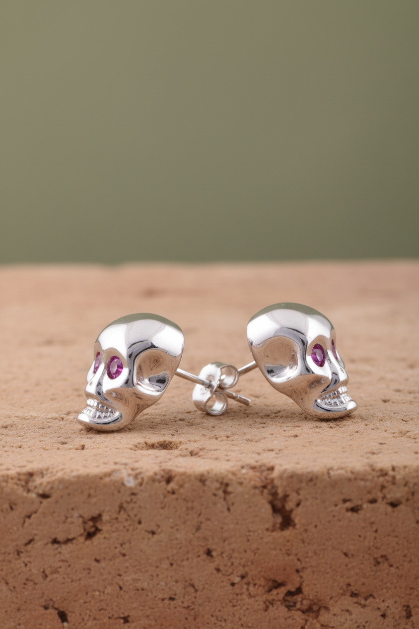 Rhodium Plated Sterling Silver Womens Red Cubic Zirconia Alien Skull Womens Stud Earrings - Gifts for Mom Wife Girlfriend