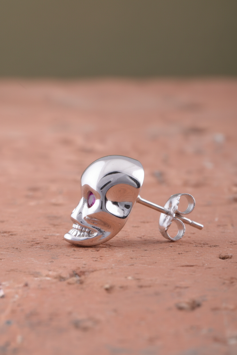 Rhodium Plated Sterling Silver Womens Red Cubic Zirconia Alien Skull Womens Stud Earrings - Gifts for Mom Wife Girlfriend