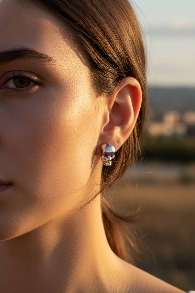 Rhodium Plated Sterling Silver Women's Red Cubic Zirconia Alien Skull Women's Stud Earrings - Gifts for Mom Wife Girlfriend