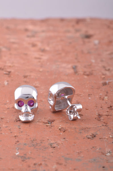 Rhodium Plated Sterling Silver Womens Red Cubic Zirconia Alien Skull Womens Stud Earrings - Gifts for Mom Wife Girlfriend