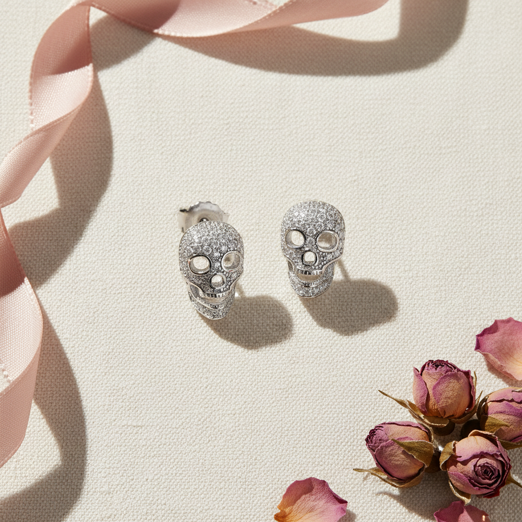 White Gold Over  Sterling Silver Womens Cz Sugar Skull Stud Earrings  11mm