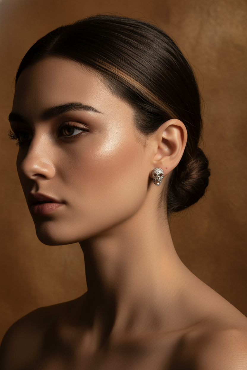 White Gold Over  Sterling Silver Womens Cz Sugar Skull Stud Earrings  11mm