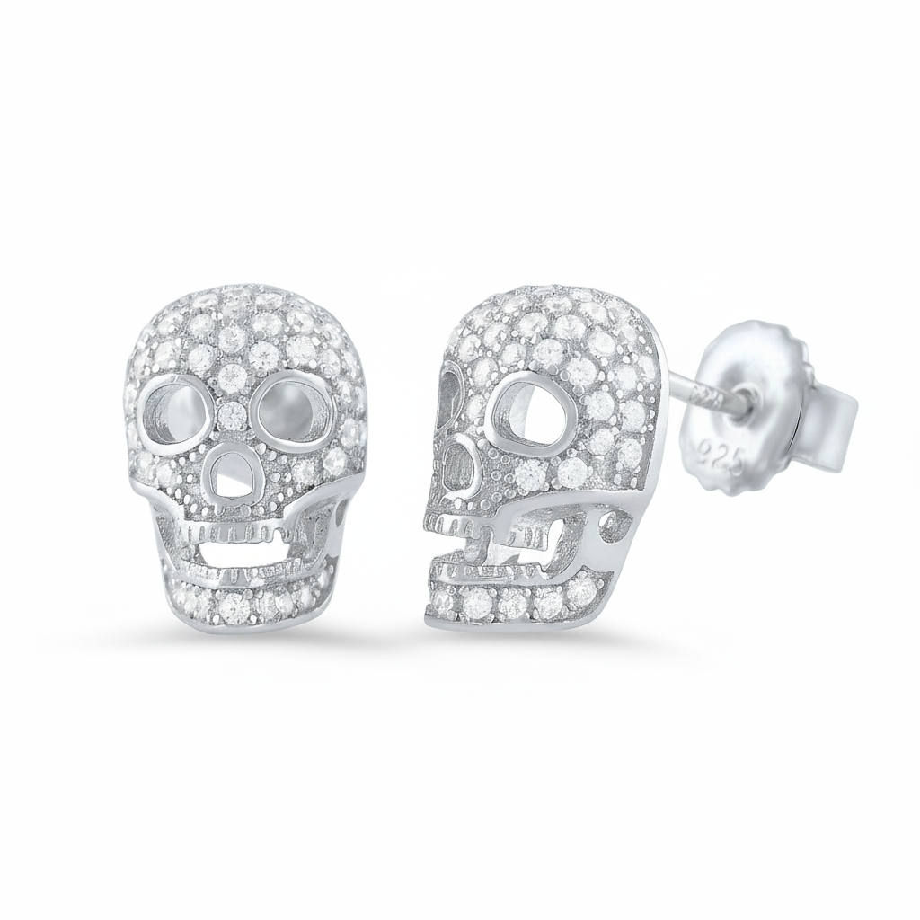 White Gold Over  Sterling Silver Womens Cz Sugar Skull Stud Earrings  11mm