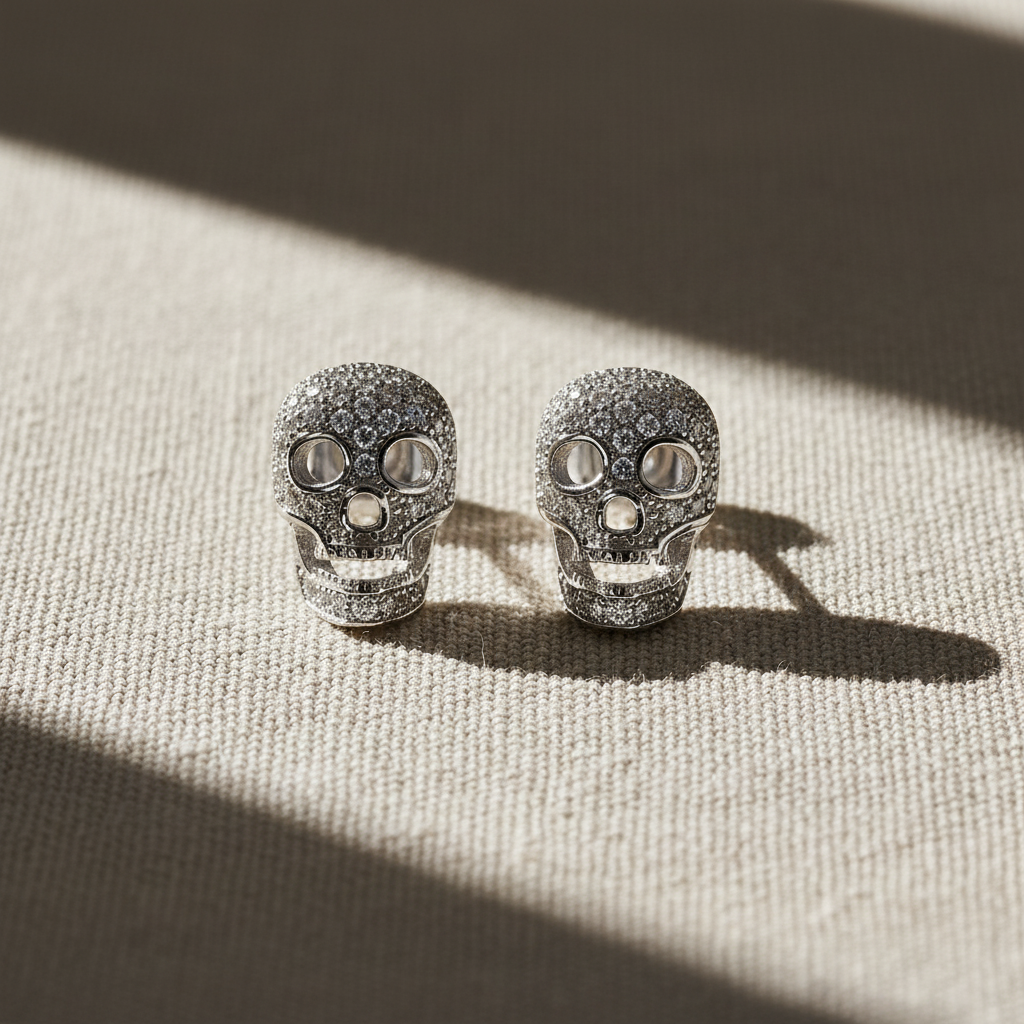 White Gold Over  Sterling Silver Womens Cz Sugar Skull Stud Earrings  11mm