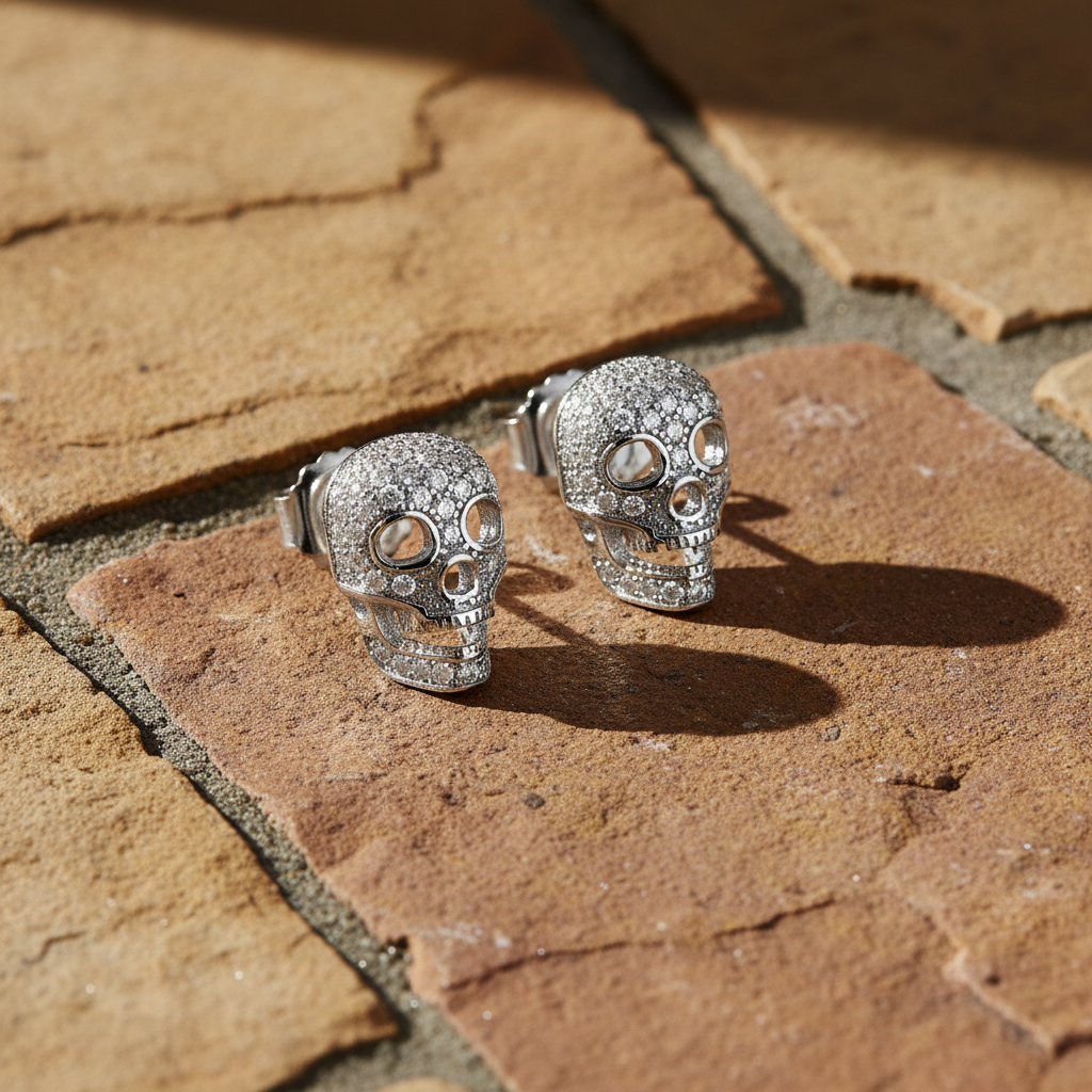 White Gold Over  Sterling Silver Womens Cz Sugar Skull Stud Earrings  11mm