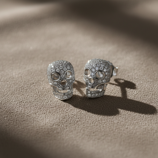 White Gold Over  Sterling Silver Womens Cz Sugar Skull Stud Earrings  11mm