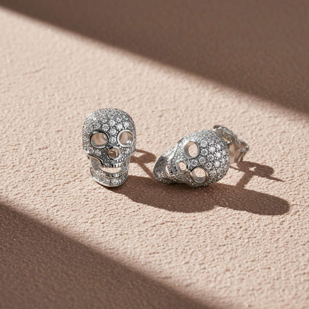 White Gold Over  Sterling Silver Womens Cz Sugar Skull Stud Earrings  11mm