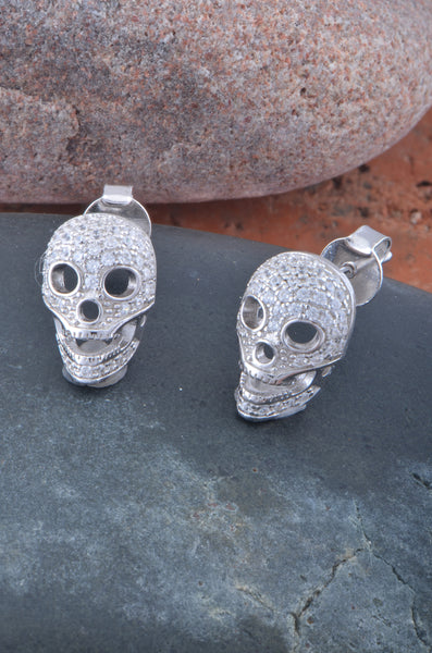 White Gold Over  Sterling Silver Womens Cz Sugar Skull Stud Earrings  11mm